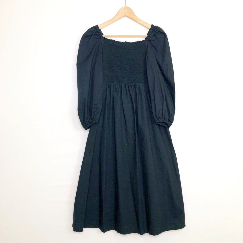J Crew black smocked bodice puff sleeve, midi dress